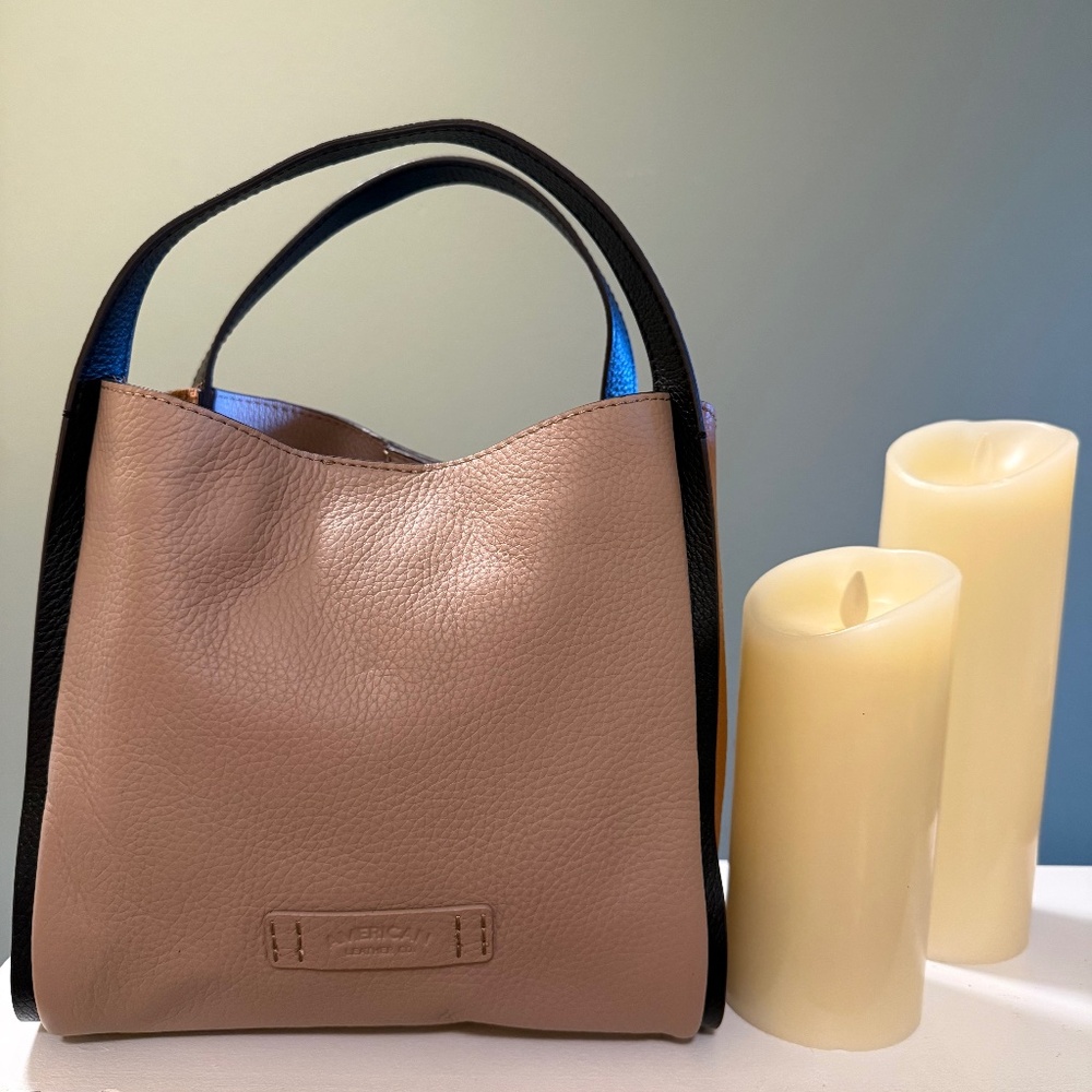 American Leather Co Colorblock Leather Hobo Shoulder Bag Taupe Tan (Triple Entry